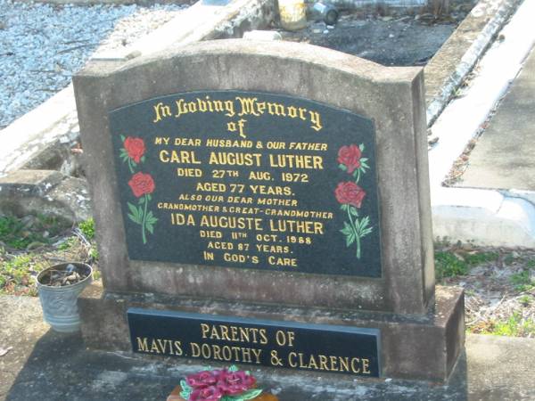 Carl August LUTHER  | 27 Aug 1972 aged 77  | Ida Auguste LUTHER  | 11 Oct 1988 aged 87  | parents of Mavis, Dorothy and Clarence  | Minden/Coolana - St Johns Lutheran  | 