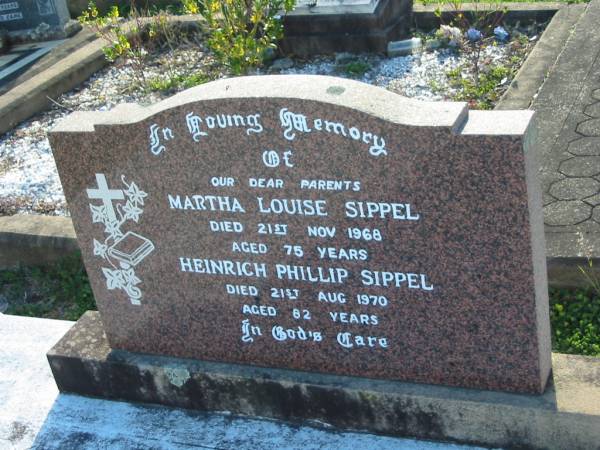 Martha Louise SIPPEL  | 21 Nov 1968 aged 75  | Heinrich Phillip SIPPEL  | 21 Aug 1970 aged 82  | Minden/Coolana - St Johns Lutheran  | 