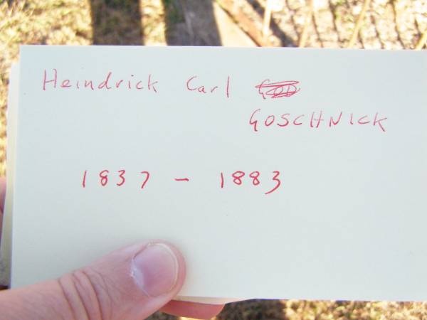 Heindrick Carl GOSCHNICK,  | 1837 - 1883;  | St Johns Evangelical Lutheran Church, Minden, Esk Shire  | 