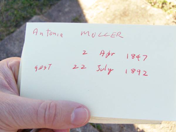 Antonia MULLER,  | 2 April 1847 - 22 July 1892;  | St Johns Evangelical Lutheran Church, Minden, Esk Shire  | 