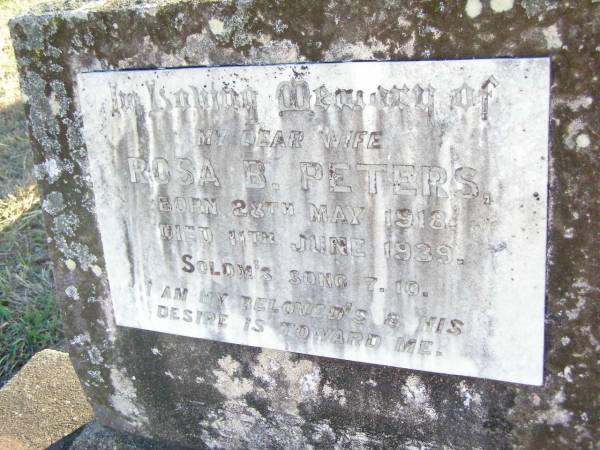 Rosa B. PETERS, wife,  | born 28 May 1918 died 11 June 1939;  | St Johns Evangelical Lutheran Church, Minden, Esk Shire  | 
