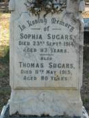 Sophia Sugars
23 Sep 1914
83 yrs
Thomas Sugars
11 May 1915
80 yrs
Moggill Historic cemetery (Brisbane)