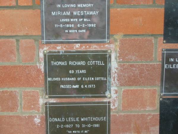 Thomas Richard COTTELL,  | husband of Eileen COTTELL,  | died 6-4-1973 aged 69 years;  | Mooloolah cemetery, City of Caloundra  |   | 