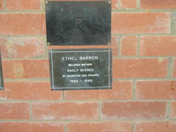 Ethel BARRON,  | mother,  | 1896 - 1989,  | missed by daughter;  | Mooloolah cemetery, City of Caloundra  |   | 