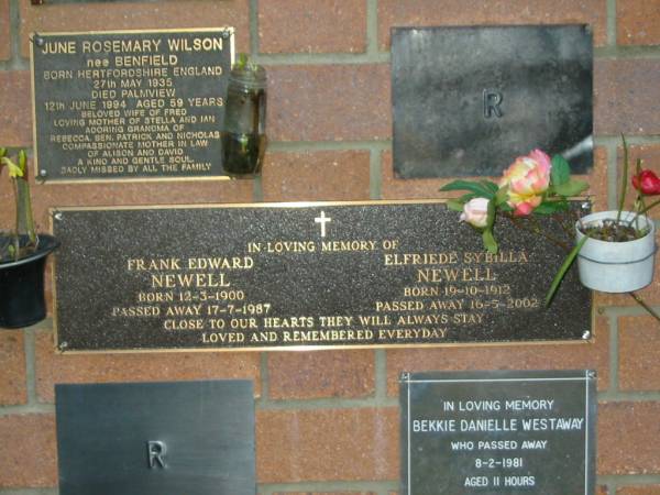 Frank Edward NEWELL,  | born 12-3-1900,  | died 17-7-1987;  | Elfriede Sybilla NEWELL,  | born 19-10-1912,  | died 16-5-2002;  | Mooloolah cemetery, City of Caloundra  |   | 