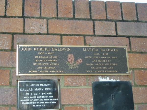 John Robert BALDWIN,  | 1930 - 1987,  | wife Marcia,  | children Donna, Archie & Petra;  | Marcia BALDWIN,  | 1936 - 1991,  | wife of John,  | mother of Donna, Archie & Petra;  | Mooloolah cemetery, City of Caloundra  |   | 