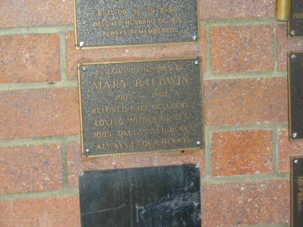 Mary BALDWIN,  | 1902 - 1997,  | wife of Archie,  | mother of Ken, John, Dallas & Derek;  | Mooloolah cemetery, City of Caloundra  |   | 