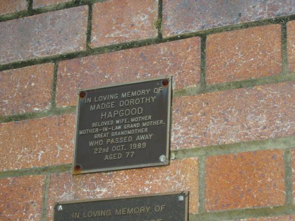 Madge Dorothy HAPGOOD,  | wife mother mother-in-law grandmother great-grandmother,  | died 22 Oct 1989 aged 77 years;  | Mooloolah cemetery, City of Caloundra  |   | 
