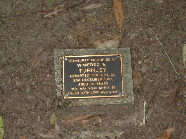 Winifred E. TURNLEY,  | died 21 Dec 1996 aged 76 years;  | Mooloolah cemetery, City of Caloundra  |   | 