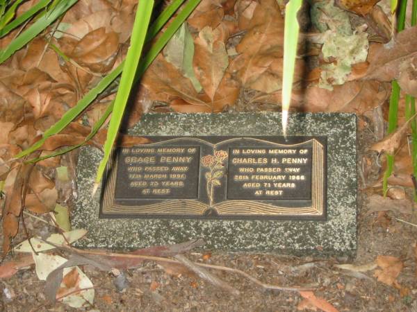 Grace PENNY,  | died 17 March 1996 aged 33? years;  | Charles H. PENNY,  | died 28 Feb 1966 aged 71 years;  | Mooloolah cemetery, City of Caloundra  |   | 