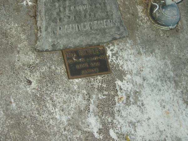 Thomas F. RUTLEY,  | husband father,  | died 13 Aug 1966 aged 45 years;  | Ida RUTLEY,  | grandmother,  | 22-9-21 - 1-12-99;  | Mooloolah cemetery, City of Caloundra  |   | 