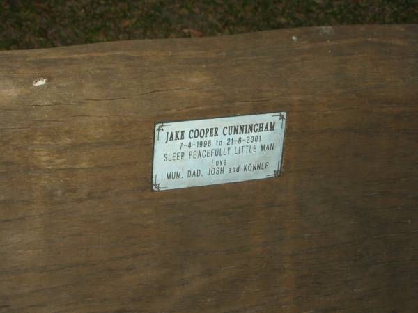 Jake Cooper CUNNINGHAM,  | 7-4-1998 - 21-8-2001,  | love mum, dad, Josh & Konner;  | Mooloolah cemetery, City of Caloundra  |   | 