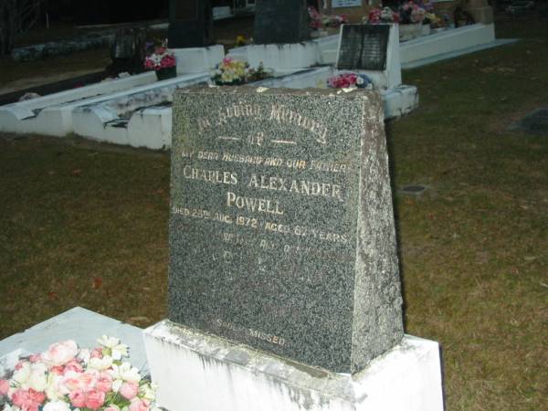 Charles Alexander POWELL,  | husband father,  | died 28 Aug 1972 aged 87 years;  | Grace Elizabeth POWELL,  | died 20? ???? 1979? aged 91? years;  | Mooloolah cemetery, City of Caloundra  |   |   |   | 