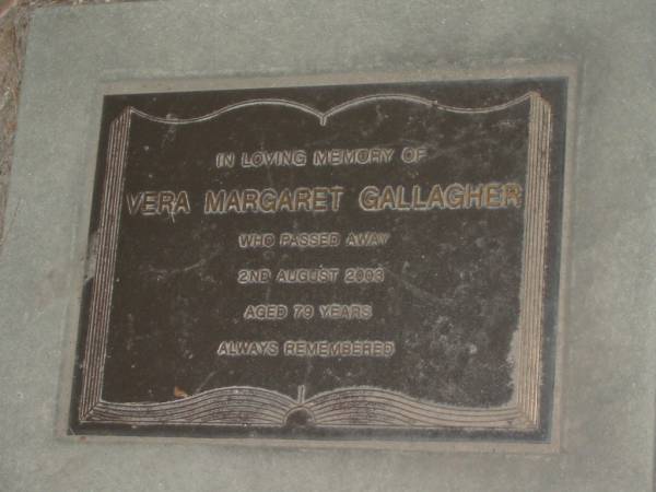 Vinton Paul GALLAGHER,  | died 9 Aug 1967 aged 75 years;  | Ethel Ruby GALLAGHER,  | died 18 Dec 1980 aged 88 years;  | Vera Margaret GALLAGHER,  | died 2 Aug 2003 aged 79 years;  | Mooloolah cemetery, City of Caloundra  |   |   | 