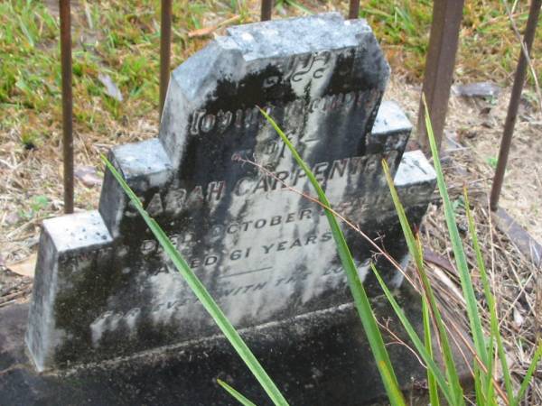 Sarah CARPENTER,  | died 25 Oct 1898 aged 61 years;  | Mooloolah cemetery, City of Caloundra  |   | 