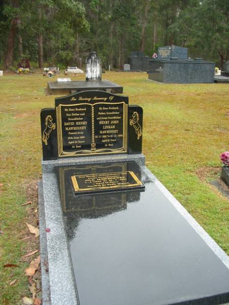 David Henry MAWHINNEY,  | husband father grandfather,  | died 19 June 1956 aged 64 years;  | Henry John Linham MAWHINNEY,  | husband father grandfather great-grandfather,  | 23-4-1922 - 23-11-2003 aged 81 years;  | Jill MAWHINNEY,  | mother grandmother great-grandmother,  | 1-8-1926 - 22-7-2004 aged 77 years;  | Mooloolah cemetery, City of Caloundra  |   | 