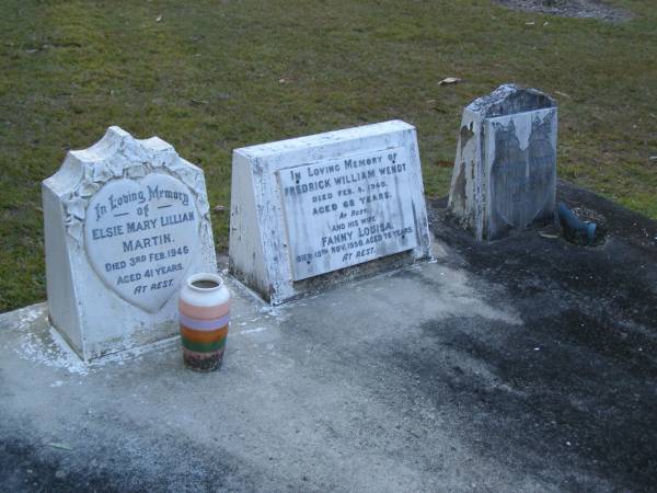 Fredrick William WENDT,  | died 5 Feb 1940 aged 68 years;  | Fanny Louisa,  | wife,  | died 15 Nov 1950 aged 76 years;  | Elsie Mary Lillian MARTIN,  | died 3 Feb 1946 aged 41 years;  | Edward (Mick) WENDT,  | aged 58 years;  | Mooloolah cemetery, City of Caloundra  |   | 
