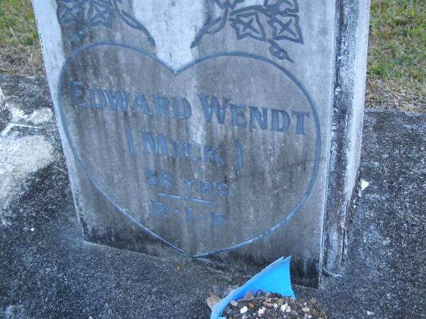 Fredrick William WENDT,  | died 5 Feb 1940 aged 68 years;  | Fanny Louisa,  | wife,  | died 15 Nov 1950 aged 76 years;  | Elsie Mary Lillian MARTIN,  | died 3 Feb 1946 aged 41 years;  | Edward (Mick) WENDT,  | aged 58 years;  | Mooloolah cemetery, City of Caloundra  |   | 