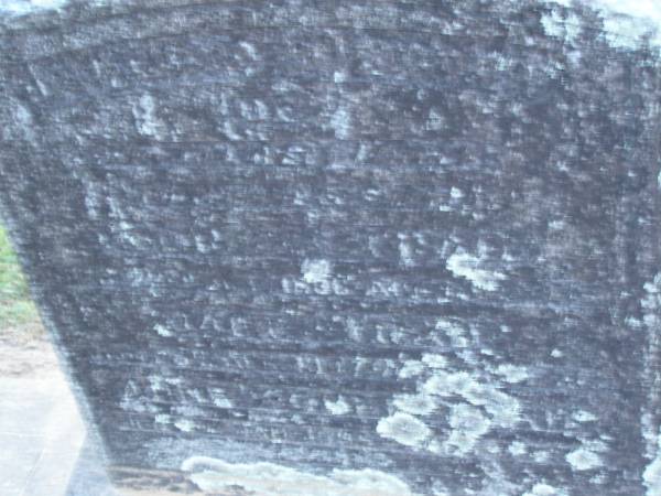 George TRAIL,  | died 22 April 1896 aged 38 years;  | Jane TRAIL,  | died 26 Aug 1947 aged 85 years;  | Anne Isobel TRAIL,  | died 7 Jan 1895 aged 3 years;  | Mooloolah cemetery, City of Caloundra  |   | 