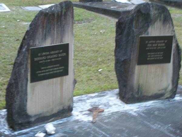 Bernard Ormond BAKER,  | born 14-5-1894,  | died 17-8-1976;  | Eva May BAKER,  | born 30-10-1893,  | died 10-1-1977;  | Mooloolah cemetery, City of Caloundra  |   | 