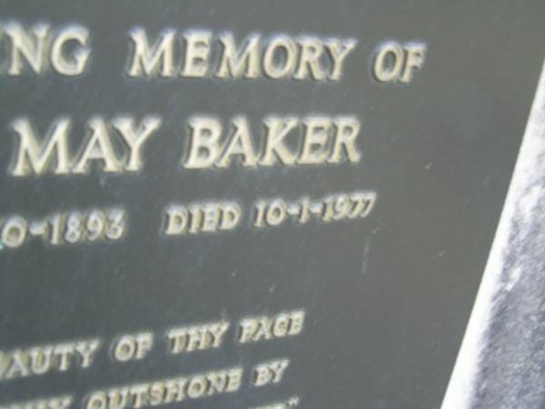 Bernard Ormond BAKER,  | born 14-5-1894,  | died 17-8-1976;  | Eva May BAKER,  | born 30-10-1893,  | died 10-1-1977;  | Mooloolah cemetery, City of Caloundra  |   | 