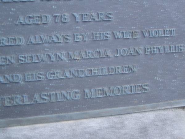Richard Percy LARSEN,  | died 8-4-1989 aged 78 years,  | remembered by wife Violet,  | children Selwyn, Marcia, Joan & Phyllis  | & grandchildren;  | Mooloolah cemetery, City of Caloundr  |   | 