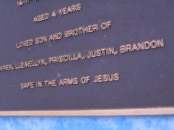 Brenton Frederick JONES  | 14-7-1988 - 4-3-1993 aged 4 years,  | son & brother of Karen, Llewellyn, Priscilla,  | Justin & Brandon;  | Mooloolah cemetery, City of Caloundra  |   | 