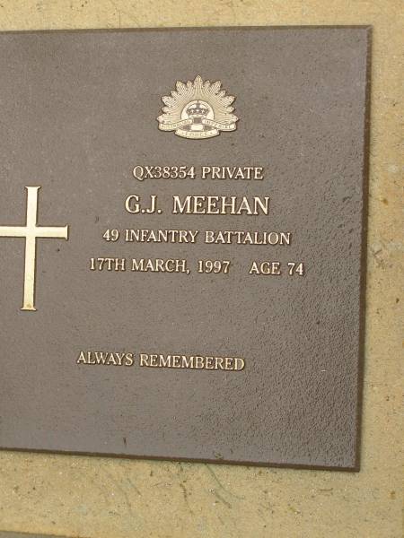 G.J. MEEHAN,  | died 17 March 1997 aged 74 years;  | Mooloolah cemetery, City of Caloundra  | 
