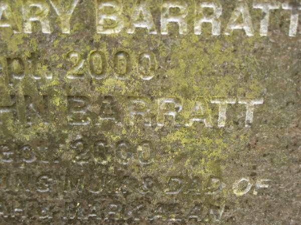 Valarie Mary BARRATT,  | died 29 Sept 2000;  | Alan John BARRATT,  | died 23 Sept 2000;  | mum & dad of Seeta, Leah & Mark, Alan;  | Mooloolah cemetery, City of Caloundra  | 