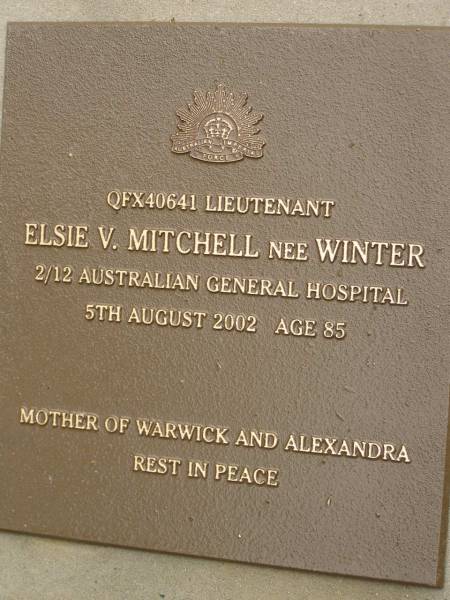 Elsie V. MITCHELL (nee WINTER),  | died 5 Aug 2002 aged 85 years,  | mother of Warwick & Alexandra;  | Mooloolah cemetery, City of Caloundra  | 