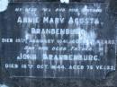 
Annie Mary Agusta BRANDENBURG,
wife mother,
died 19 Jan 1941 aged 71 years;
John BRANDENBURG,
father,
died 16 Oct 1944 aged 76 years;
Mooloolah cemetery, City of Caloundra

