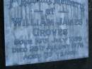 
William James GROVES,
born 16 July 1899,
died 25 Aug 1976 aged 77 years;
Mooloolah cemetery, City of Caloundra

