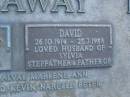 
Isabel Sylvia OTTAWAY,
28-8-1922 - 6-5-1980,
wife of David,
mother of Alice, Alicia, Alvay, Marlene, Ann,
Christine, David, Kevin, Narelle, Peter;
David OTTAWAY,
26-10-1914 - 25-7-1988,
husband of Sylvia,
stepfather & father of Alice, Alicia, Alvay, Marlene, Ann,
Christine, David, Kevin, Narelle, Peter;
Mooloolah cemetery, City of Caloundra

