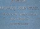 
Katrina Maree STEER,
died 6 March 1986,
daughter of Leonard & Wendy,
sister of Damien & Kimberley;
Leonard John STEER,
died 20-4-92 aged 34 years;
Mooloolah cemetery, City of Caloundra


