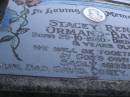 
Stacey Renee ORMAND-BAREL,
born 29-10-1980,
died 31--1-1989 aged 8 years,
missed by mum, dad, David, Corey, Daniel & Sarah?;
Mooloolah cemetery, City of Caloundra


