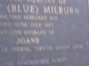 
Ernest (Blue) MILBURN,
born 22 Feb 1925,
died 20 July 1985,
husband of Joane,
father of Cheryl, Trevor, Karen & Leisa;
Mooloolah cemetery, City of Caloundra

