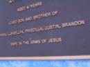 
Brenton Frederick JONES
14-7-1988 - 4-3-1993 aged 4 years,
son & brother of Karen, Llewellyn, Priscilla,
Justin & Brandon;
Mooloolah cemetery, City of Caloundra

