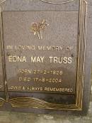 
Ronald TRUSS,
born 31-3-1926,
died 22-2-1996;
Edna May TRUSS,
born 27-2-1928,
died 17-8-2004;
Mooloolah cemetery, City of Caloundra
