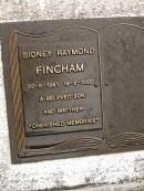 
Sidney Raymond FINCHAM,
20-8-1941 - 19-5-2000,
son brother;
Mooloolah cemetery, City of Caloundra
