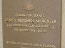 
Elsie V. MITCHELL (nee WINTER),
died 5 Aug 2002 aged 85 years,
mother of Warwick & Alexandra;
Mooloolah cemetery, City of Caloundra
