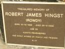 
Robert James (Rowdy) HINGST,
born 16-10-1966,
died 26-3-2002 aged 35 years;
Mooloolah cemetery, City of Caloundra
