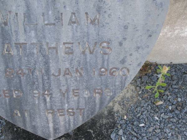 Joseph H.S. MATTHEWS,  | died 5 June 1928 aged 26 years;  | Mary Jane MATTHEWS,  | died 1 Oct 1930 aged 60 years;  | William MATTHEWS,  | died 24 Jan 19650 aged 94 years;  | Moore-Linville general cemetery, Esk Shire  | 