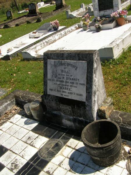 Bill,  | son of F.W. & M. STARKEY,  | died 20 Dec 1935 aged 23 years;  | Mabel,  | mother,  | died 1 July 1960 aged 71 years;  | Frederick W. STARKEY,  | died 30 April 1970 aged 84 years;  | Moore-Linville general cemetery, Esk Shire  | 