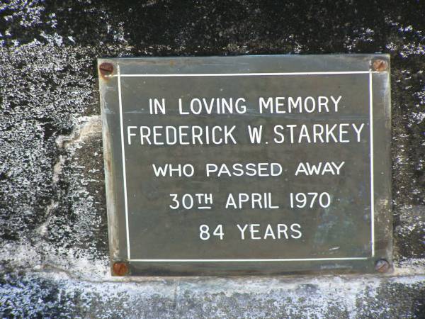 Bill,  | son of F.W. & M. STARKEY,  | died 20 Dec 1935 aged 23 years;  | Mabel,  | mother,  | died 1 July 1960 aged 71 years;  | Frederick W. STARKEY,  | died 30 April 1970 aged 84 years;  | Moore-Linville general cemetery, Esk Shire  | 