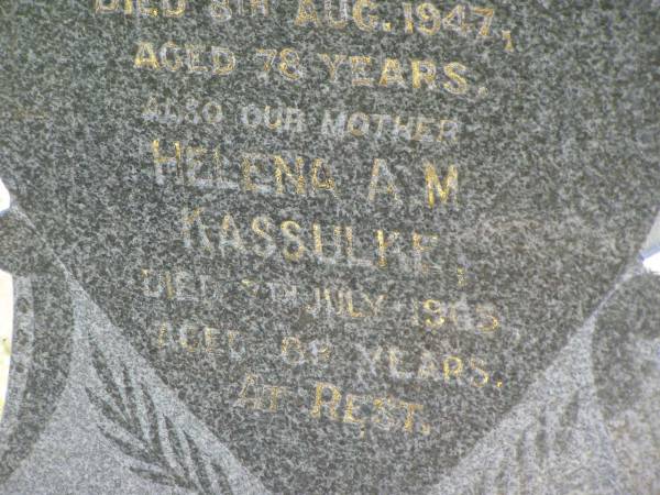 William E.F. KASSULKE,  | husband father,  | died 8 Aug 1947 aged 78 years;  | Helena A.M. KASSULKE,  | mother,  | died 7 July 1965 aged 88 years;  | Moore-Linville general cemetery, Esk Shire  | 