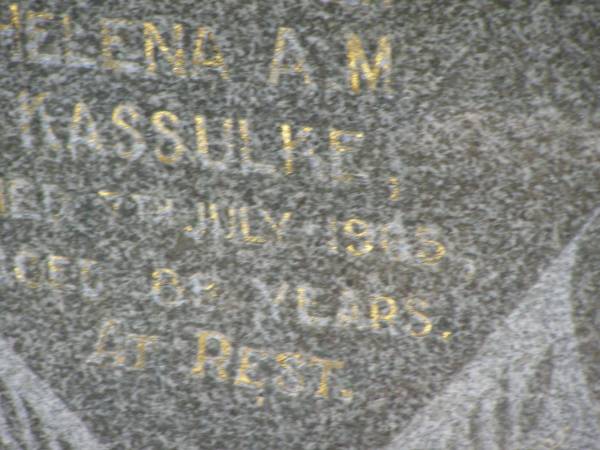 William E.F. KASSULKE,  | husband father,  | died 8 Aug 1947 aged 78 years;  | Helena A.M. KASSULKE,  | mother,  | died 7 July 1965 aged 88 years;  | Moore-Linville general cemetery, Esk Shire  | 