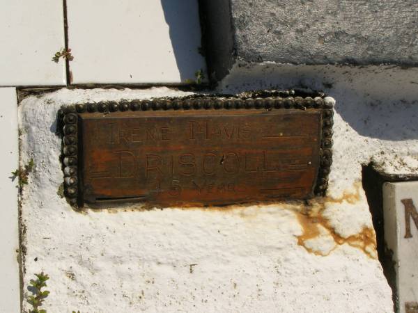 Leslie Roy DRISCOLL,  | husband daddy,  | died 24 May 1951 aged 42 years;  | Irene Mavis DRISCOLL,  | aged 45 years;  | Mark Stephen KING,  | born 5-5-57,  | died 14-5-57;  | Rene,  | wife of Les,  | died 19 May 1959 aged 45 years;  | Susan KING,  | died 2 Jan 1961 aged 13 months;  | Moore-Linville general cemetery, Esk Shire  | 