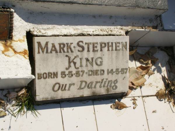 Leslie Roy DRISCOLL,  | husband daddy,  | died 24 May 1951 aged 42 years;  | Irene Mavis DRISCOLL,  | aged 45 years;  | Mark Stephen KING,  | born 5-5-57,  | died 14-5-57;  | Rene,  | wife of Les,  | died 19 May 1959 aged 45 years;  | Susan KING,  | died 2 Jan 1961 aged 13 months;  | Moore-Linville general cemetery, Esk Shire  | 
