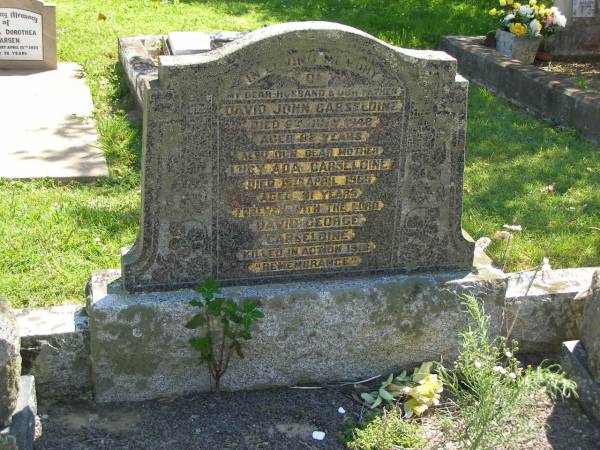 David John CARSELDINE,  | husband father,  | died 9 July 1948 aged 82 years;  | Lucy Ada CARSELDINE  | died 15 April 1965 aged 91 years;  | David George CARSELDINE,  | killed in action 1918;  | Moore-Linville general cemetery, Esk Shire  | 