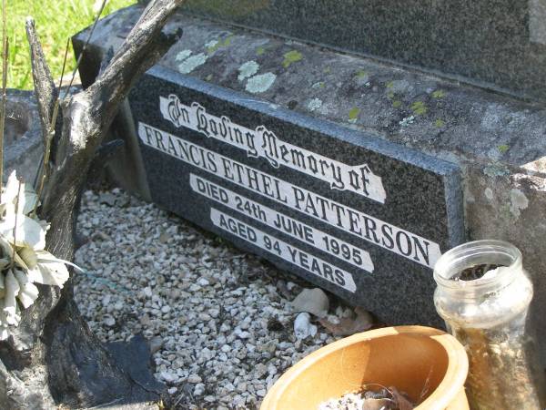 Raymond M. PATTERSON,  | husband father,  | died 6 Oct 1953 aged 73 years;  | Francis Ethel PATTERSON,  | died 24 June 1995 aged 94 years;  | Moore-Linville general cemetery, Esk Shire  | 